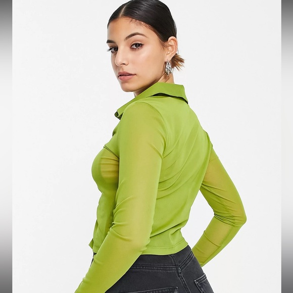 Topshop mesh ruch front shirt in green - Picture 2 of 7